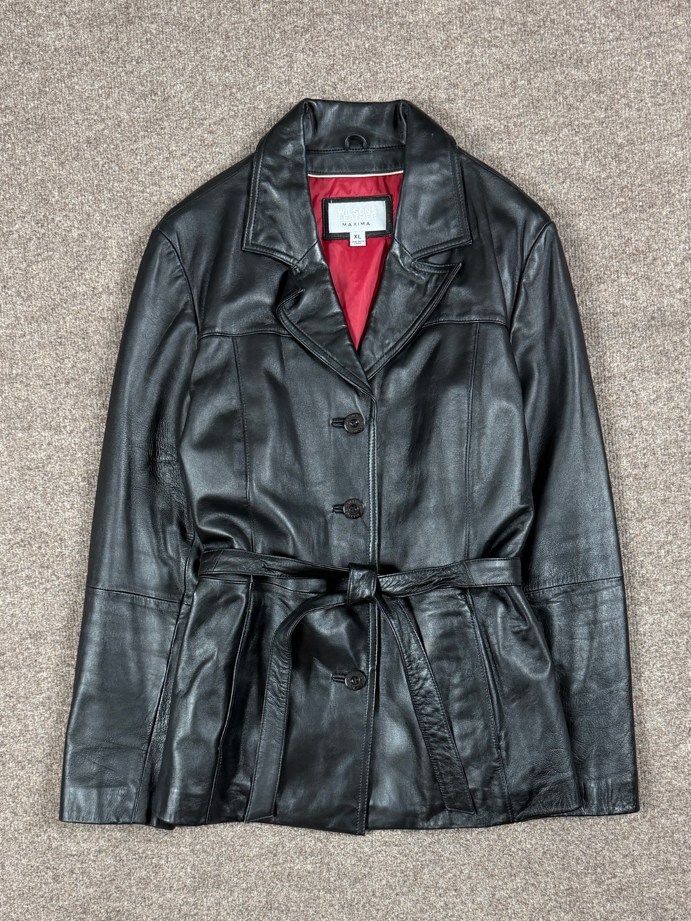 Vintage Wilsons Maxima Black Leather Button Front Belted Jacket Women’s XL 90s